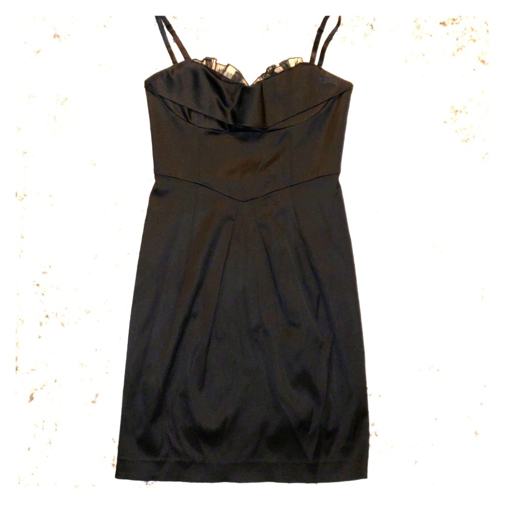 BCBG Short Black Satin Ruffle Strapless Dress